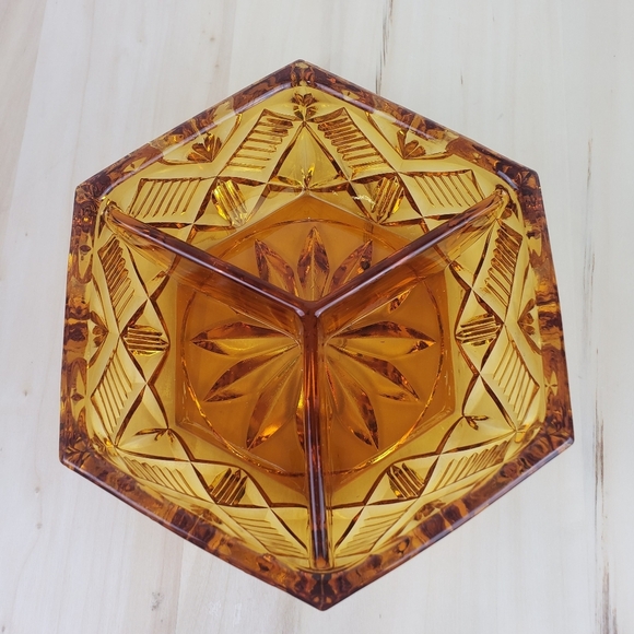Vintage Amber Cut Glass Divided Dish Bow Candy Nuts Dining Decor - Picture 4 of 10